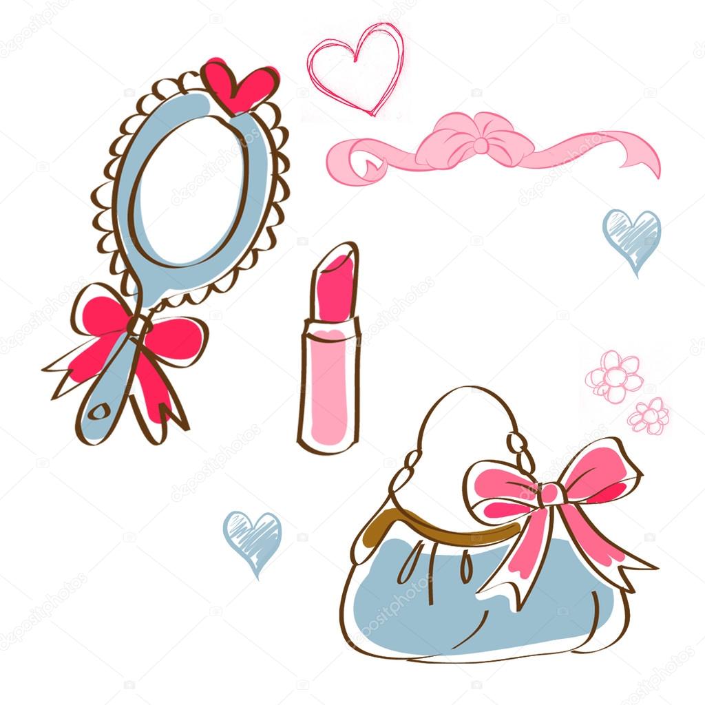 beauty icons - clip art - mirror , lipstick, bag