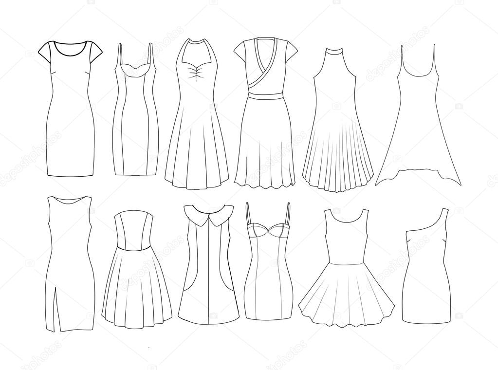 Set of Fashion Flat templates Sketches - Woman dresses - short and medium length