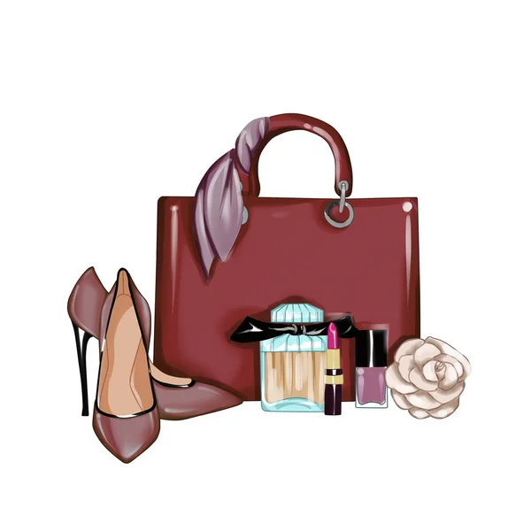 Illustrazione di moda disegnata a mano - Sfondo - Borsa stilista con scarpe, cosmetici e fiori di rosa su sfondo bianco — Foto Stock