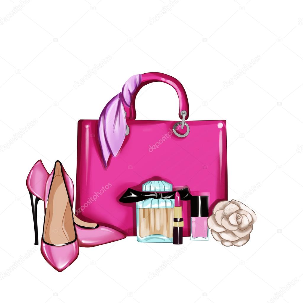 Hand drawn fashion illustration - Background - Fashion designer bag with shoes, cosmetics and rose flower on White background