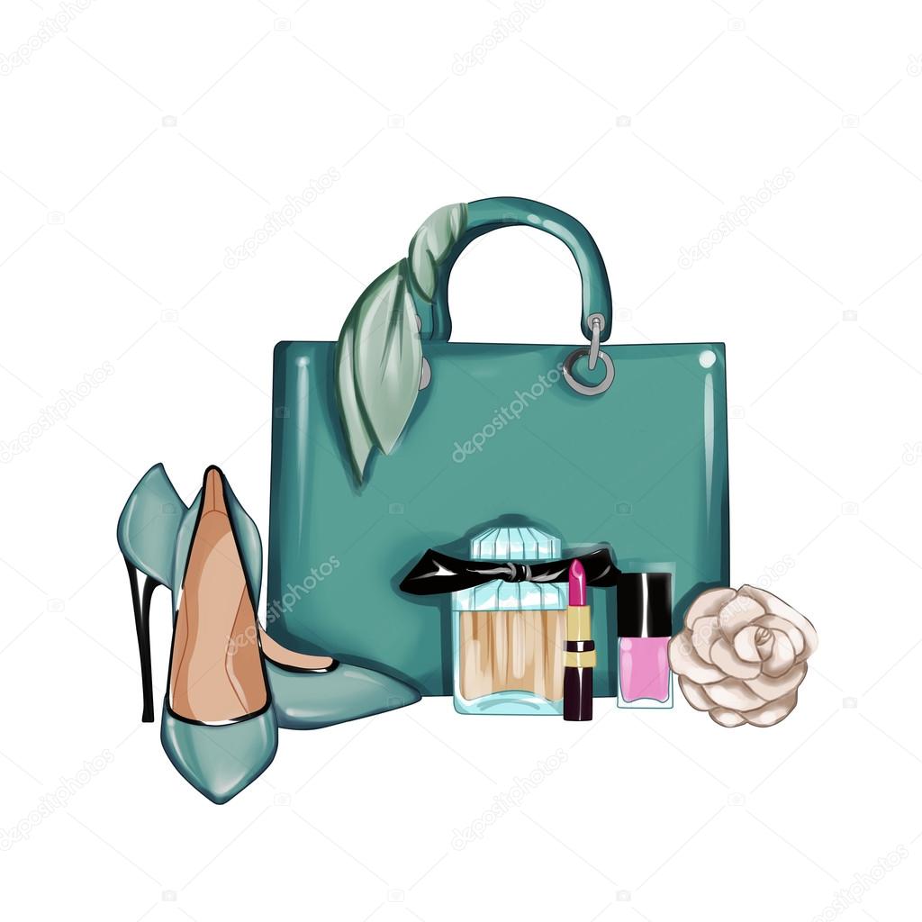 Hand drawn fashion illustration - Background - Fashion designer bag with  shoes, cosmetics and rose flower on White background Stock Photo by  ©inquieta 89209174