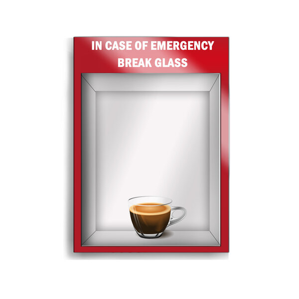 photorealistic mock up illustration of coffee cup inside an emergency glass case