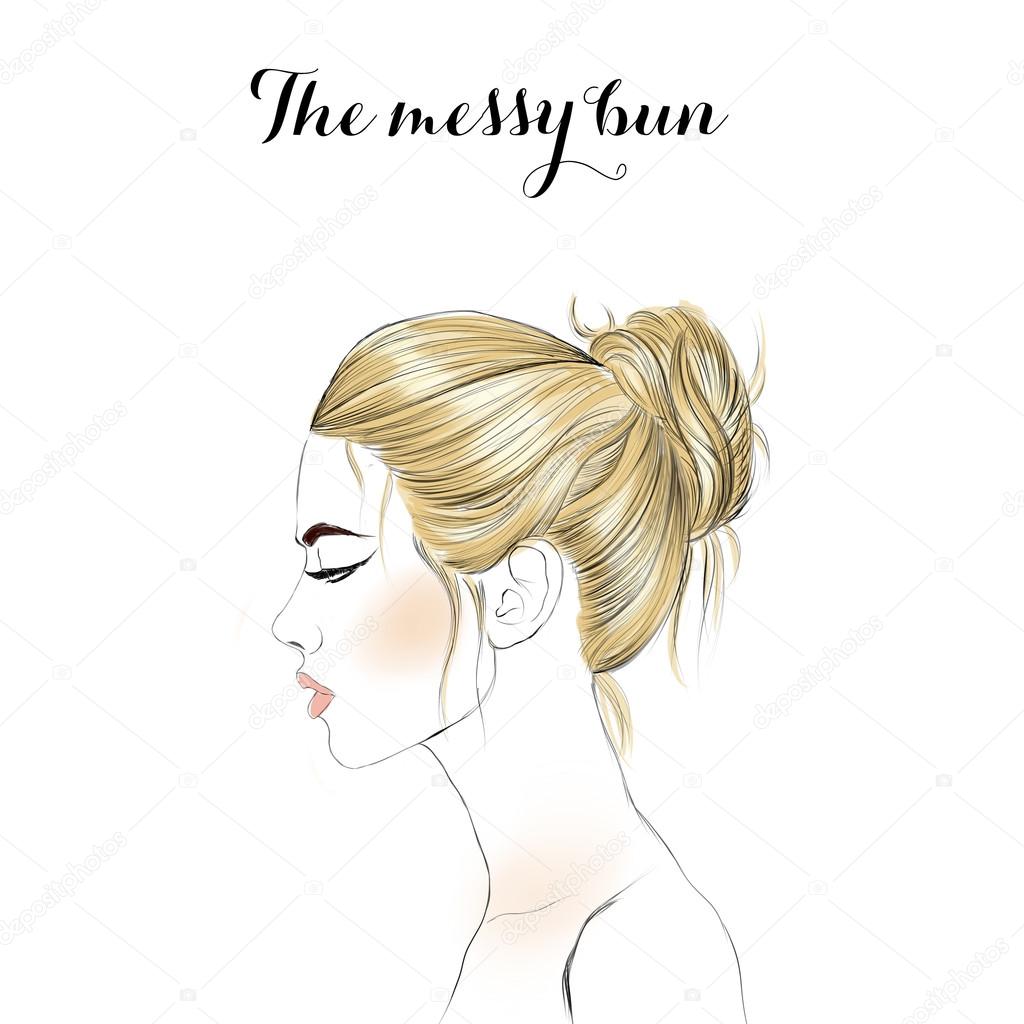 hand drawn raster illustration - profile girl with hair bun - blonde girl
