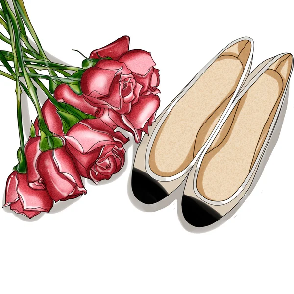 Illustrazione di moda disegnata a mano - Rose Bouquet e un paio di scarpe da ballerina — Foto Stock