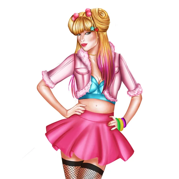 Ручной рисунок Иллюстрация моды - Блондинка красивая девушка в розовой юбке — стоковое фото
