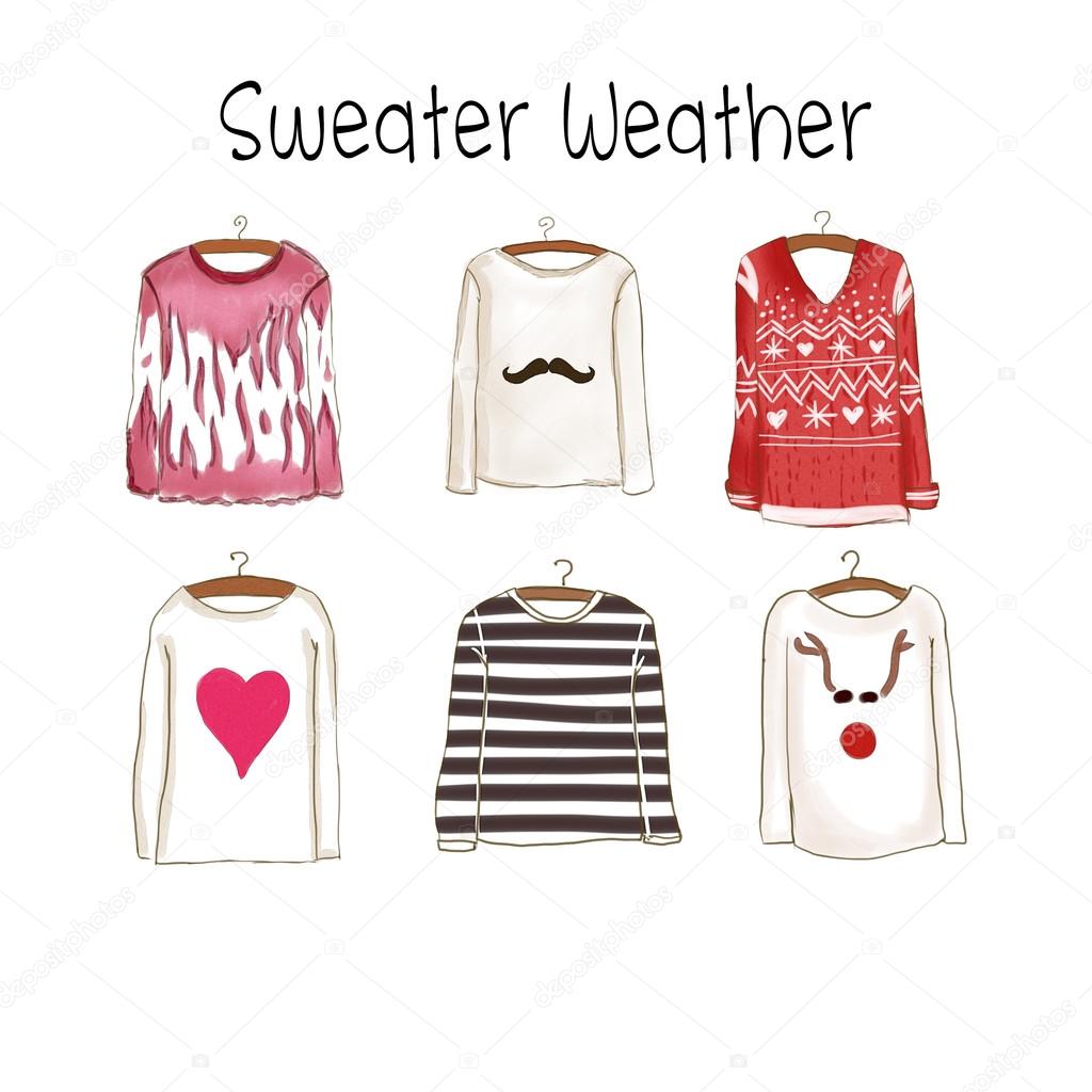 watercolor Fashion Illustration - Collection of different sweaters