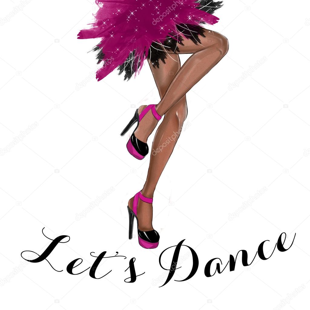 Watercolor Illustration of dark skin legs dancing and wearing high heel shoes - Background - raster Illustration