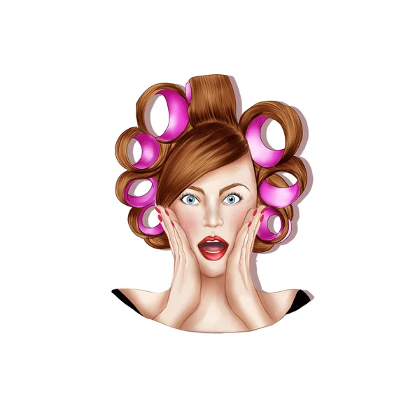 Chica bonita joven con rollos de pelo - Raster Illustration — Foto de Stock