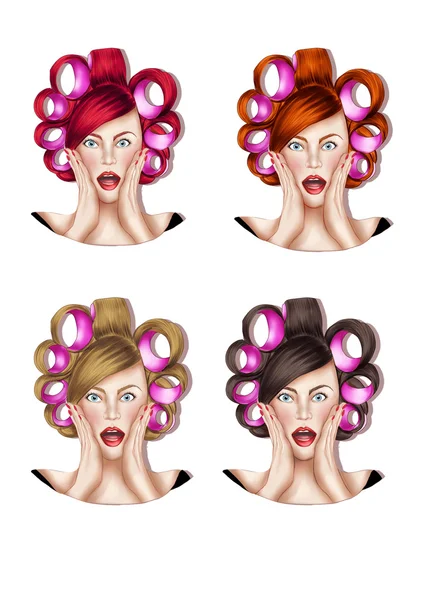 Ilustração de quatro meninas com rolos de cabelo - Raster Illustration — Fotografia de Stock