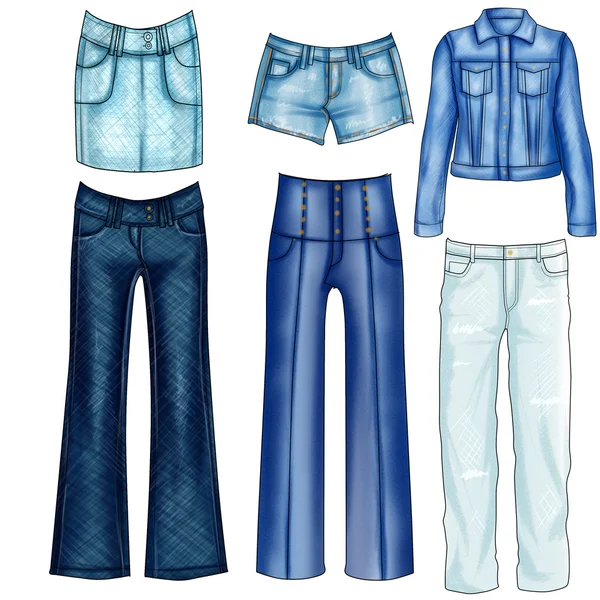 Modeillustration verschiedener Jeans- und Jeanskleidung - Satz Jeanskleidung — Stockfoto