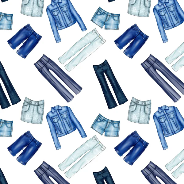 Безшовний візерунок - все навколо - фон з різними джинсами та джинсовим одягом — стокове фото
