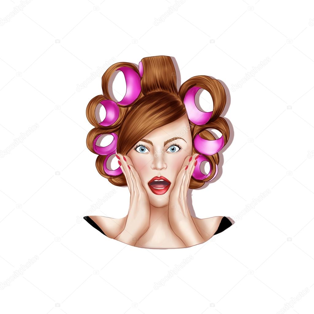 Young pretty girl with hair rolls - Raster Illustration