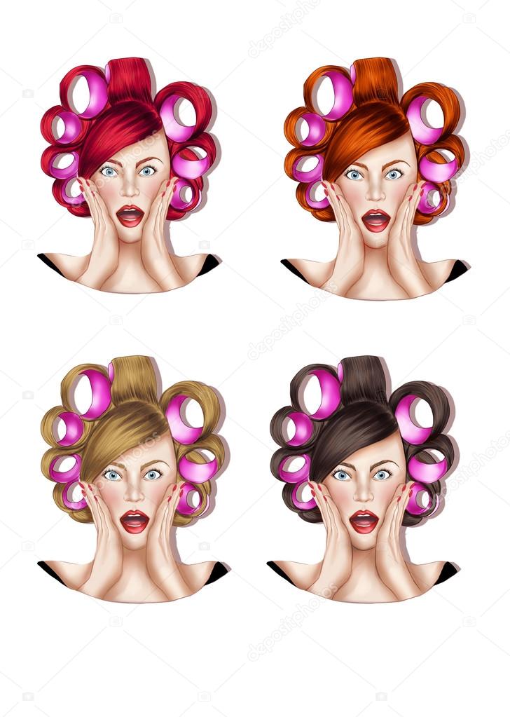 Illustration of four girls with hair rolls - Raster Illustration