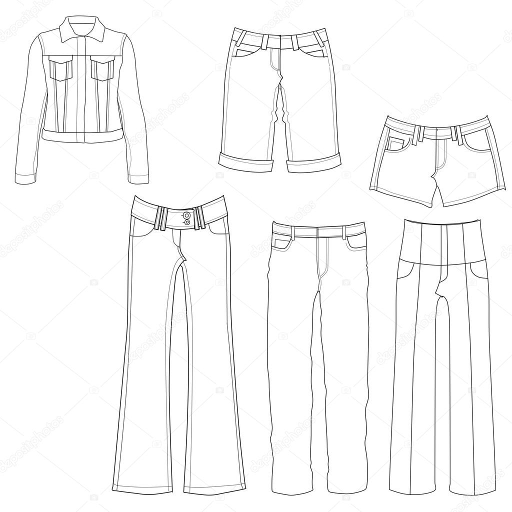 Flat template sketches of different denim and jeans clothes - Set of denim clothes