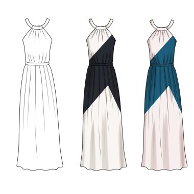 Düz moda şablon illüstrasyon - uzun elbise ile çapraz baskı ile