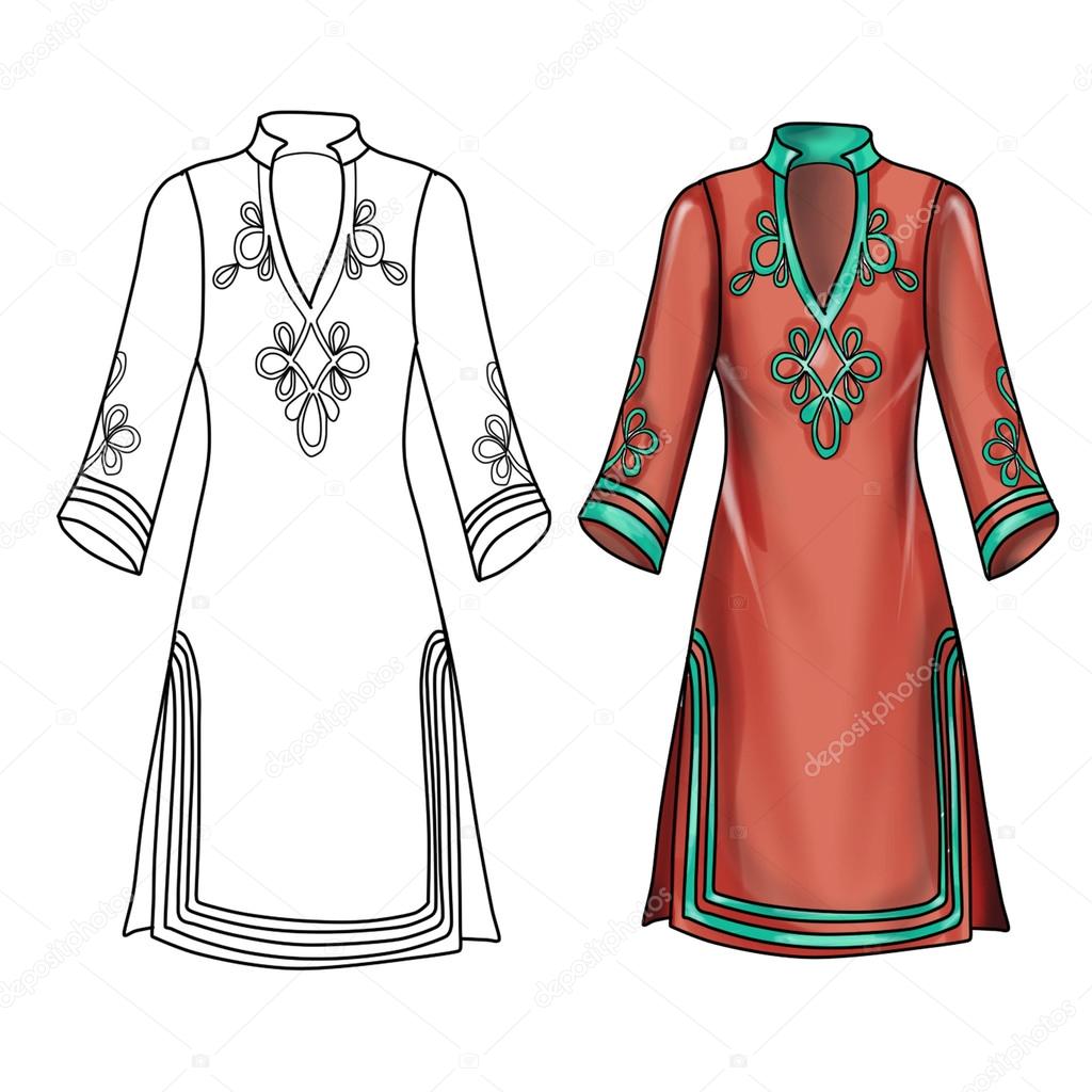 Flat Fashion Template Illustration - Colorful Sundress with sleeves and collar embroidery