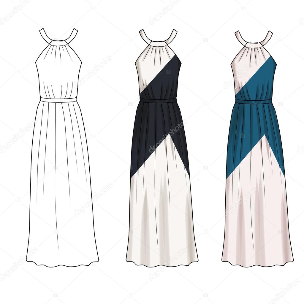Flat Fashion Template Illustration  - Long with  dress with diagonal print