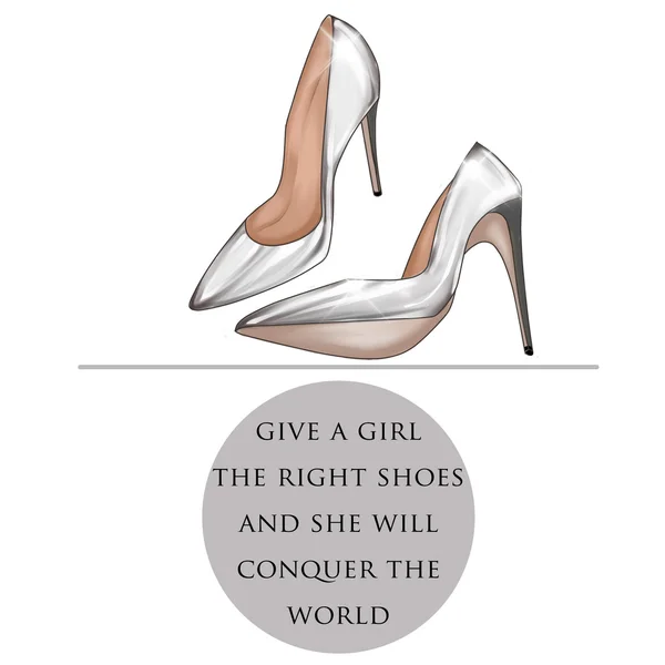 Fashion Illustration - Divertente citazione su sfondo bianco e scarpe a stiletto — Foto Stock