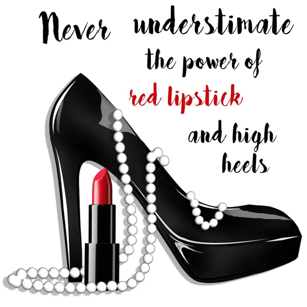 Illustrazione di moda e bellezza - scarpa stiletto nera con perle e rossetto — Foto Stock