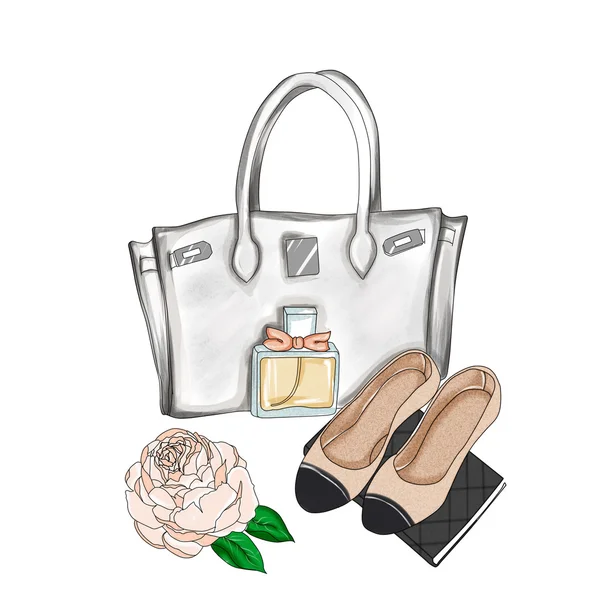 Suluboya resim - moda illüstrasyon - elle çizilmiş raster arka plan - tasarımcı çanta ve düz ayakkabı — Stok fotoğraf