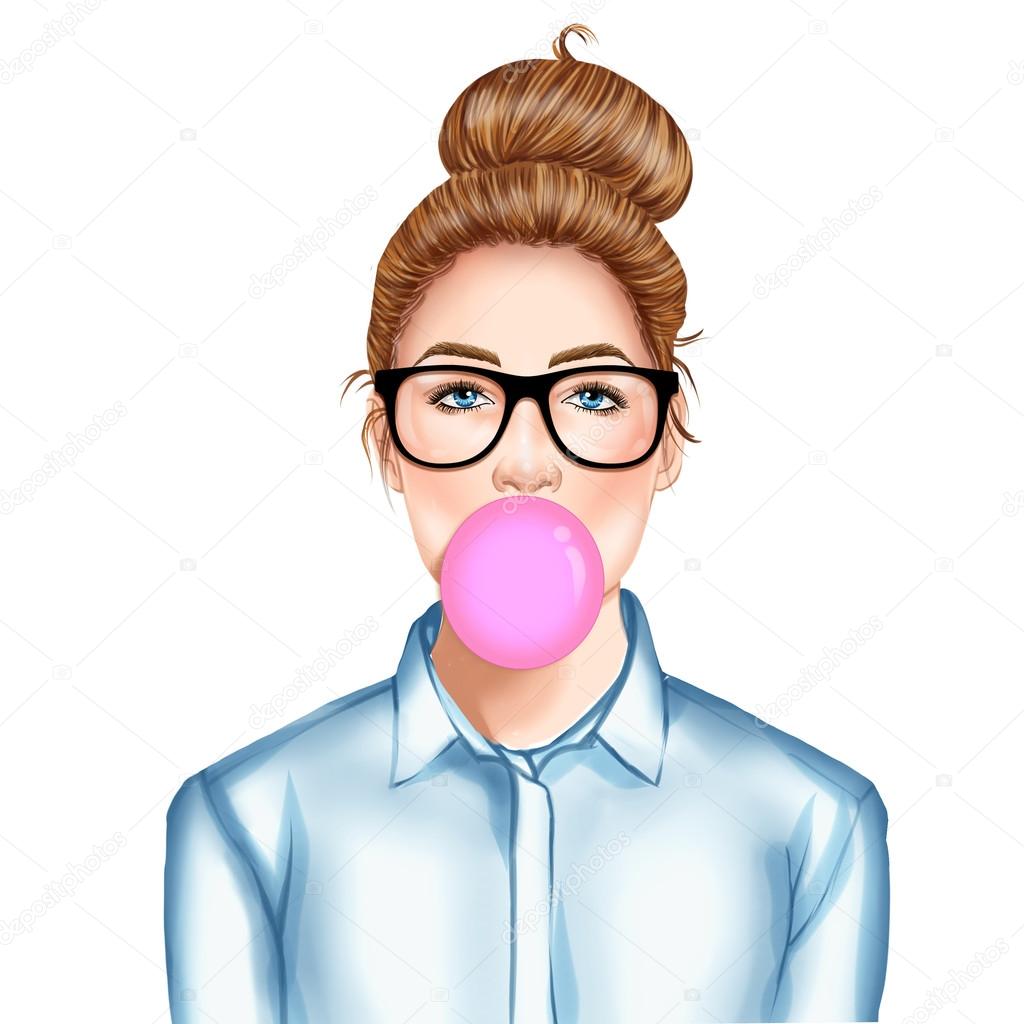 Hand drawn raster Illustration - Fashion Illustration of beutiful young pretty girl with glasses chewing bubble gum