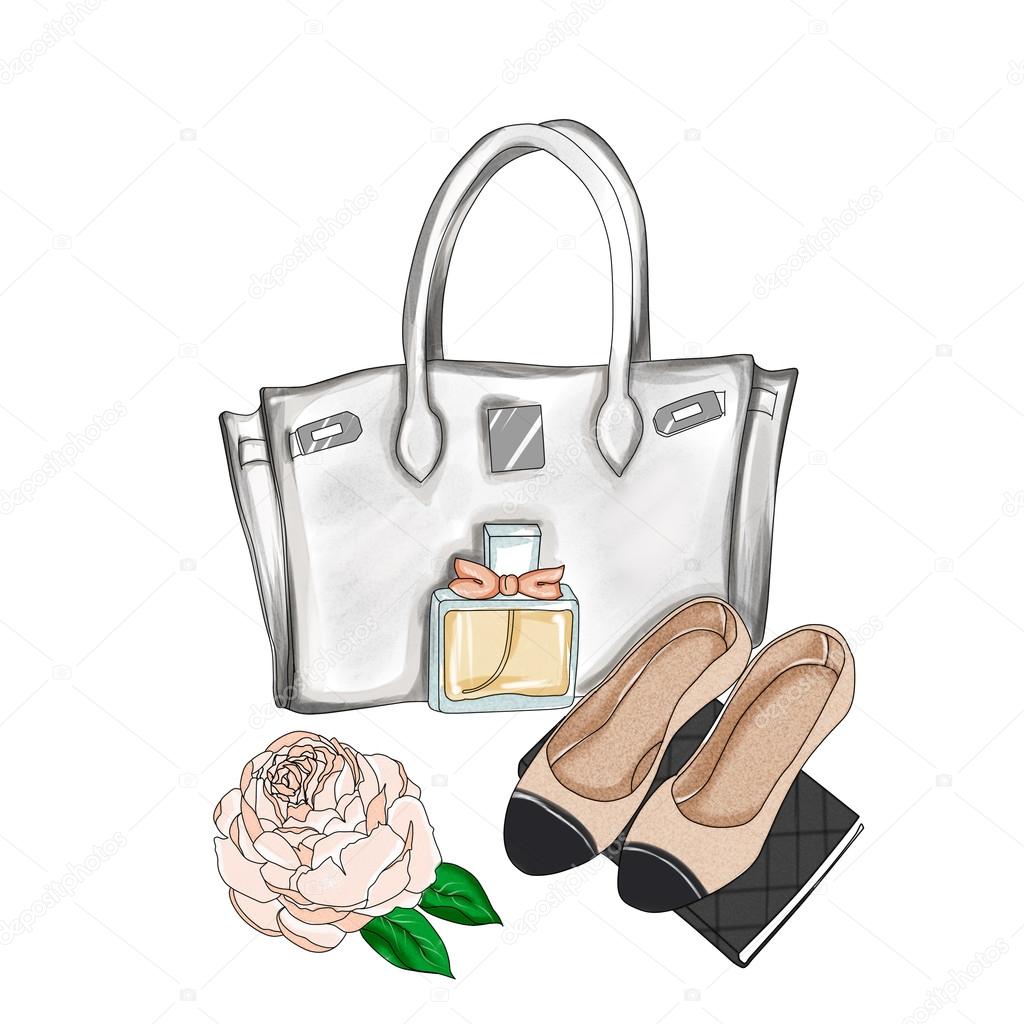 watercolor illustration - Fashion Illustration - Hand drawn raster background - designer bag and flat shoes