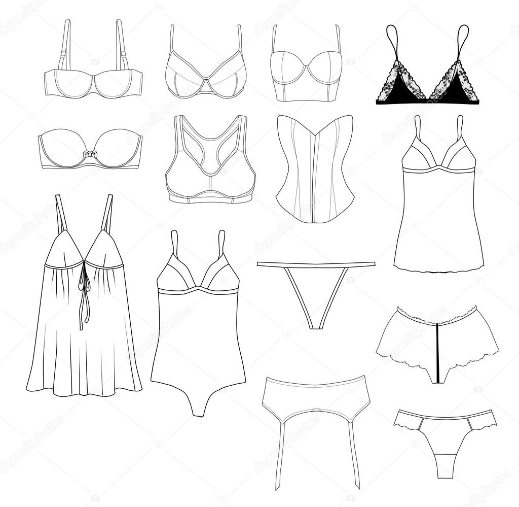 Fashion Illustration - Set of different underwear items - industrial flat fashion sketch