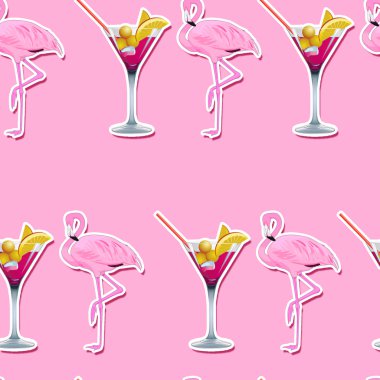 Dikişsiz desen - tüm arka plan-Pink Martini kokteyl cam ve pembe bir arka plan üzerinde Pembe Flamingo