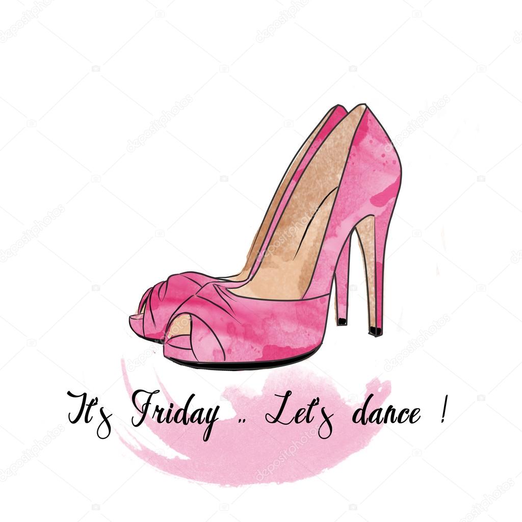 水彩の手描きファッション イラスト テキストと背景は水彩のスティレット靴 ストック写真 C Inquieta