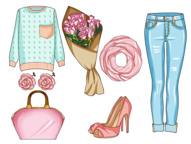 Kadın giysi, Aksesuar ve ayakkabı moda ayarlayın. Mavi kot ve pembe renkli rahat kıyafetler
