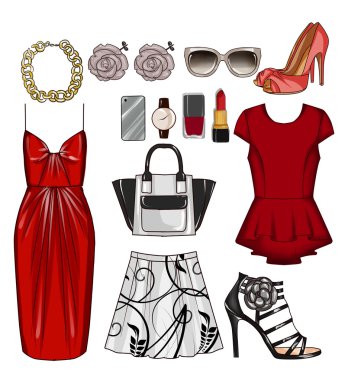 Raster moda illüstrasyon - Clip Art kümesi kadının Giysi, Aksesuar ve kozmetik.
