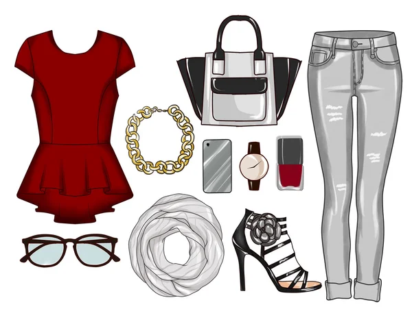 Mode uppsättning kvinnans kläder, accessoarer och skor - grå denim jeans, topp, sandaler, halsduk, smink, smycken - ClipArt som — Stockfoto