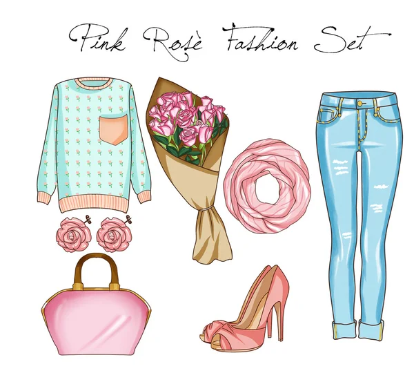 Fashion uppsättning av kvinnans kläder, accessoarer och skor. Casual outfits i blå denim och rosa färg — Stockfoto