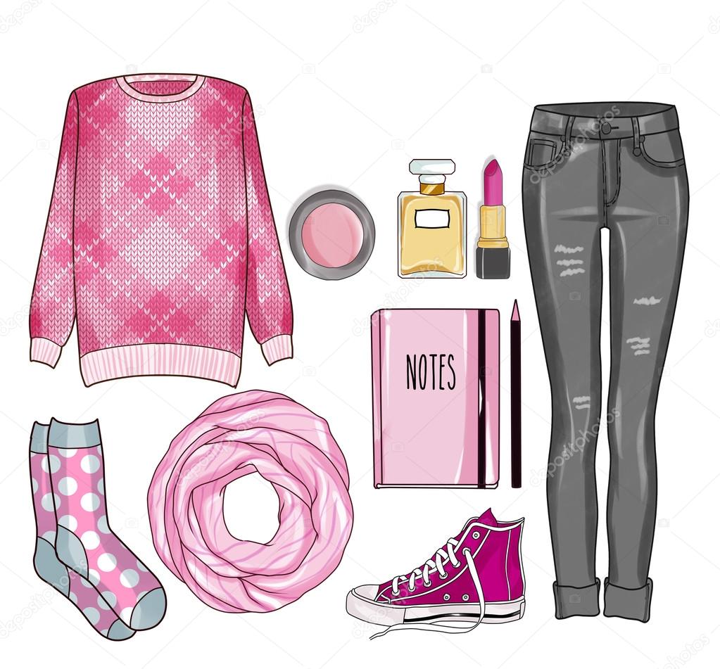 Conjunto de ropa accesorios y zapatos de mujer jeans grises sueter de punto de lana bufanda maquillaje Conjunto de Clip Art Ilustracion de archivo de inquieta 99822930