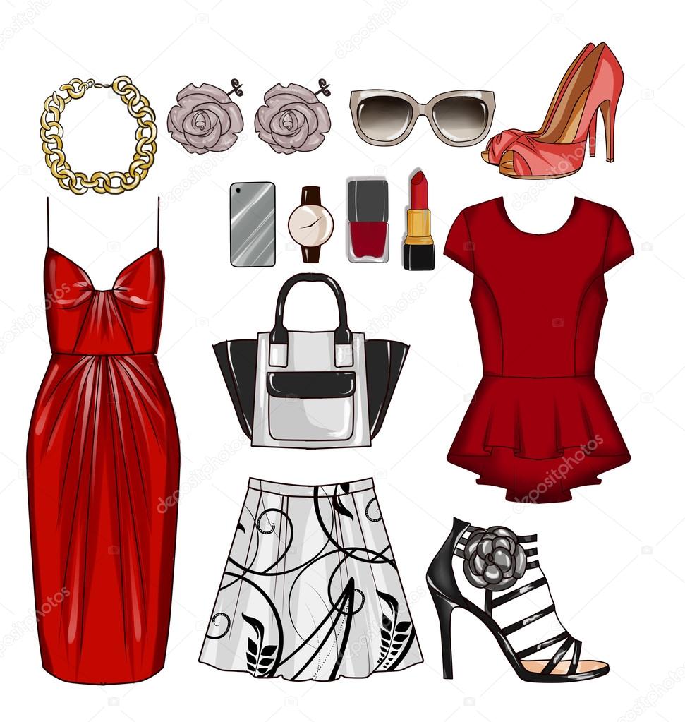 Conjunto De Accesorios De Moda. Artículos Y Accesorios Para Mujeres.  Ilustración Vectorial Ilustraciones svg, vectoriales, clip art vectorizado  libre de derechos. Image 90433980