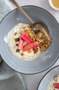 Düz yoğurt ve haşlanmış ravent, mavi bir kasede granola, sağlıklı kahvaltı, gri bir arka planda dikey.