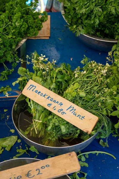 Een Kom Verse Marokkaanse Munt Marrokkaanse Munt Een Marktkraam Verticaal — Stockfoto