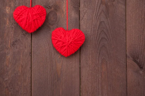 Two Heart Made Red Wool Yarn Wood Background Valentine Day — Stock Photo, Image