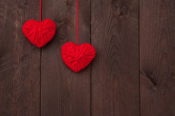 Two Heart Made Red Wool Yarn Wood Background Valentine Day — Stock Photo, Image