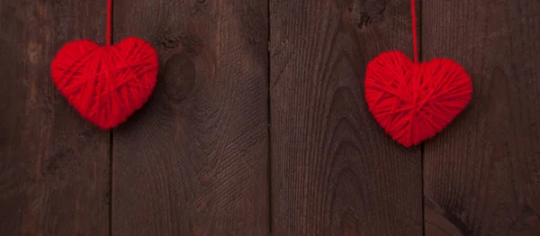 Two Heart Made Red Wool Yarn Wood Background Valentine Day — Stock Photo, Image
