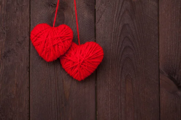 Two Heart Made Red Wool Yarn Wood Background Valentine Day — Stock Photo, Image