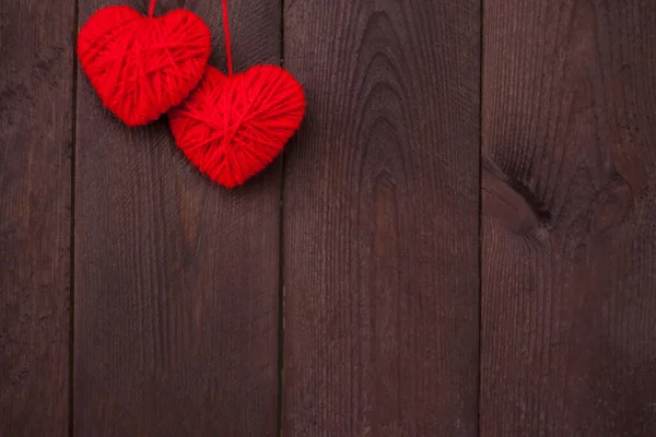 Two Heart Made Red Wool Yarn Wood Background Valentine Day — Stock Photo, Image