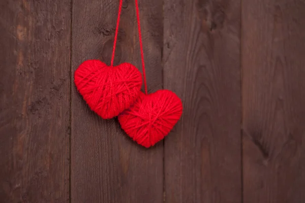 Two Heart Made Red Wool Yarn Wood Background Valentine Day — Stock Photo, Image