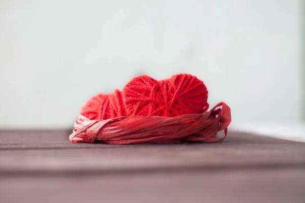 Two Red Hearts Threads Lie Nest Sweet Romantic Background Valentines — Stock Photo, Image