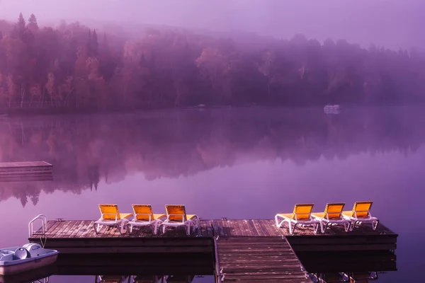 View Boat Dock Lac Superieur Misty Morning Fog Laurentides Mont — Stock Photo, Image