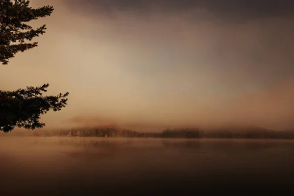 View Boat Dock Lac Superieur Misty Morning Fog Laurentides Mont — Stock Photo, Image