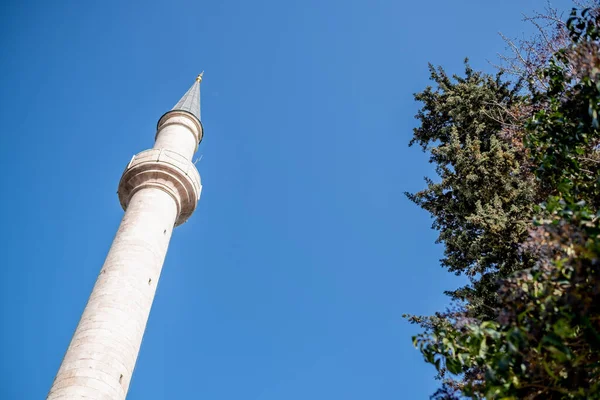Mavi gökyüzü altında bir Türk camisinin tipik minaresi ve sağda alçak açılı ağaç dalları