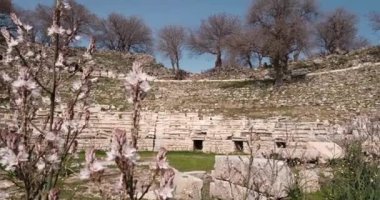Seferihisar, İzmir, Türkiye - 03.08.2021: Roma Yunan döneminden Teos 'ta merdivenleri ve basamakları olan antik tarihi tiyatro