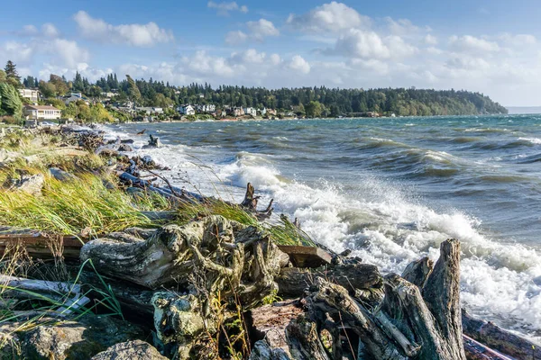 Waves roll toward shore on a windy day at Noramandy Park, Washington.