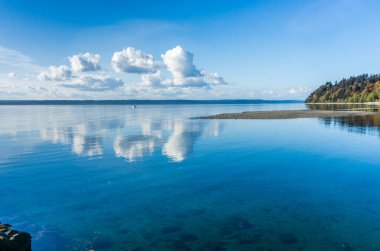 Kabarık bulutlar Washington 'daki Puget Sound' un suyuna yansıyor..
